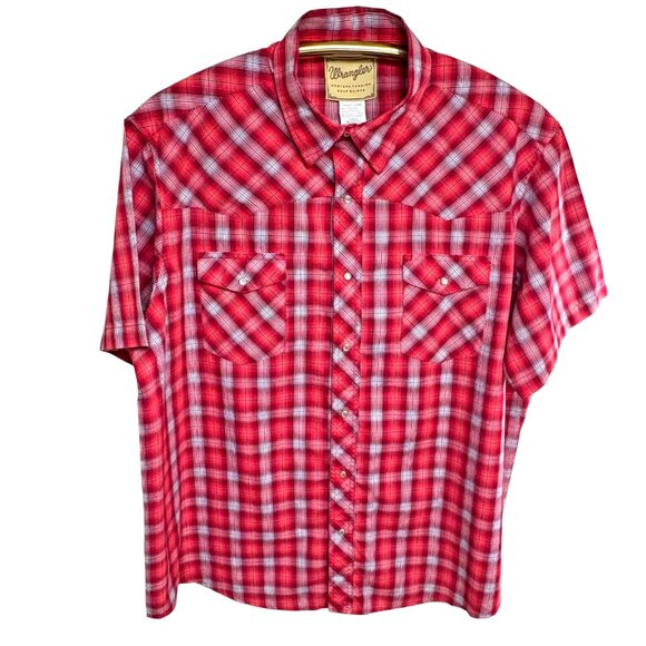 Wrangler Western Red Carmine Plaid Western Snap Short Sleeve‎ Shirt - Picture 3 of 8